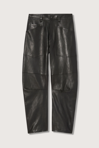 flat lay Shon Leather Pant Black mid rise relaxed fit barrel leg front utility pockets