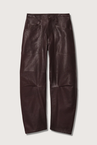 flat lay Shon Leather Pant Dark Brown barrel leg front  and back utility pockets