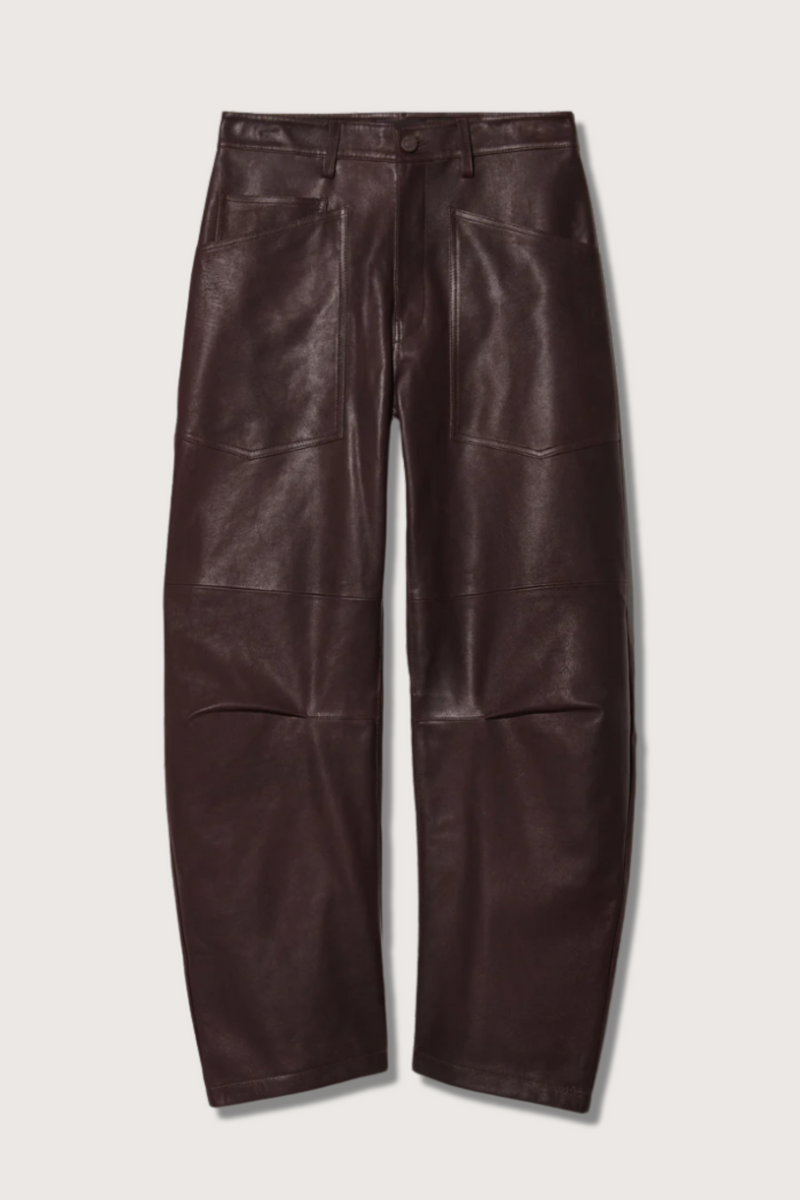 flat lay Shon Leather Pant Dark Brown barrel leg front  and back utility pockets
