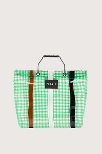 front profile Shopping Bag - Green Green striped technical tote
Metallic handles black logo patch on the front