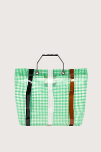 back profile Shopping Bag - Green Green striped technical tote
Metallic handles black logo patch on the front