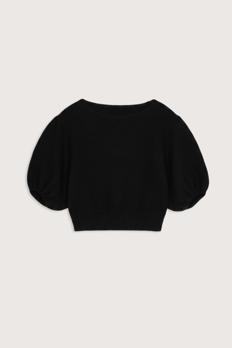flat lay Short Sleeve Cotton Knit Top Black Boat neck
Puff Sleeves
Slightly cropped, relaxed fit
100% Cotton