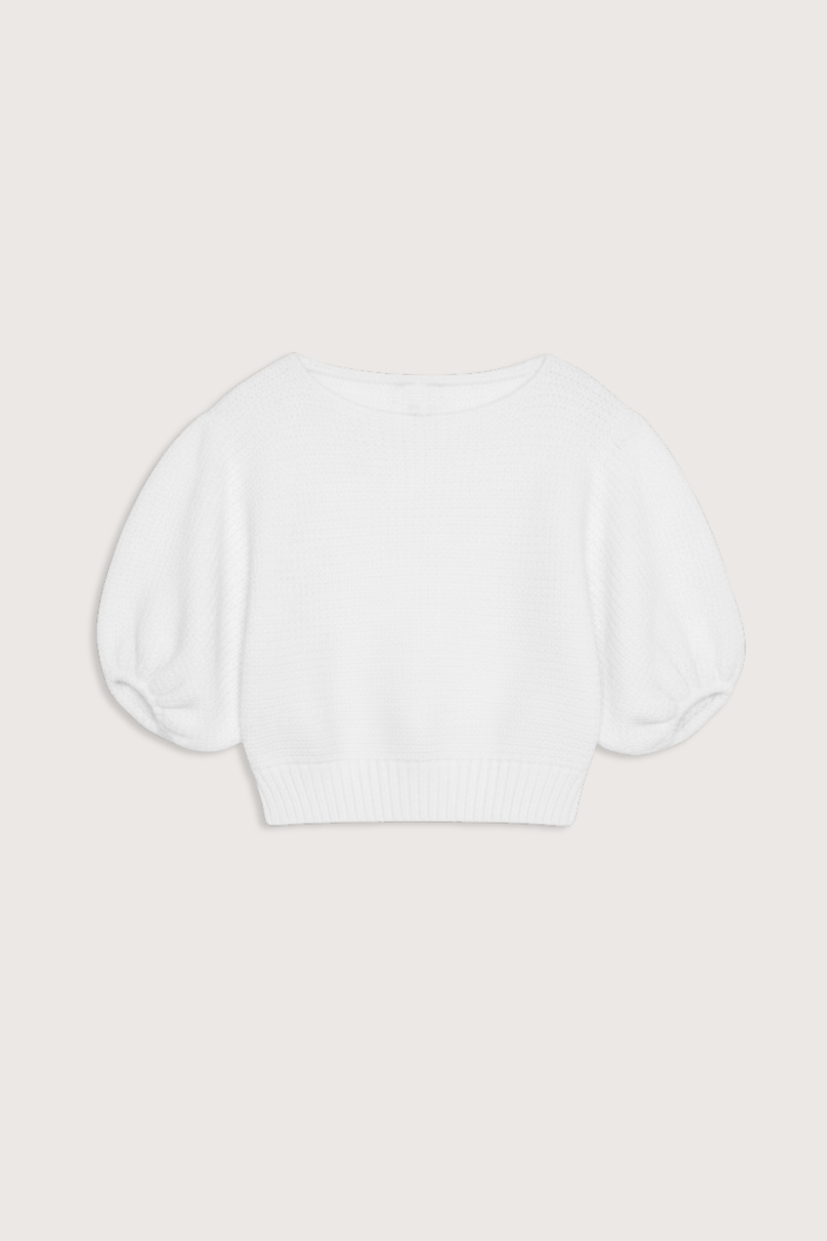 flat lay Short Sleeve Cotton Knit Top White Boat neck
Puff Sleeves
Slightly cropped, relaxed fit
100% Cotton