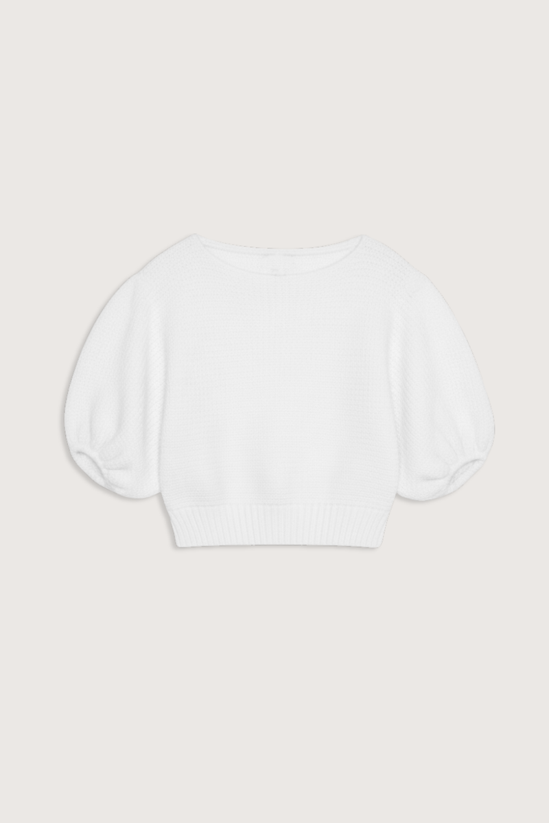 flat lay Short Sleeve Cotton Knit Top White Boat neck
Puff Sleeves
Slightly cropped, relaxed fit
100% Cotton