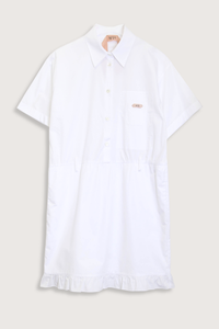 flat lay Short Sleeve Poplin Dress White  cotton White shirt dress
Classic collar
Short sleeves
Button-up front
Shirtdress style
Elastic waistband
Hem is finished with a ruffle
Above-the-knee length