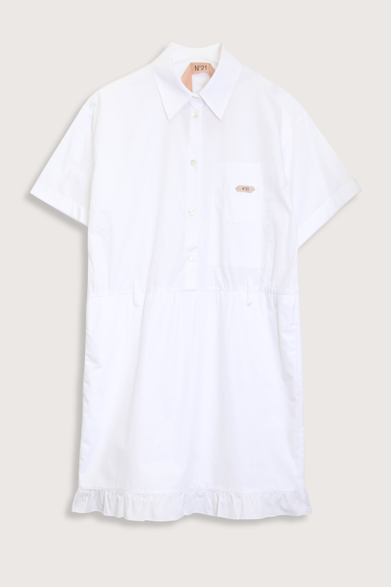 flat lay Short Sleeve Poplin Dress White  cotton White shirt dress
Classic collar
Short sleeves
Button-up front
Shirtdress style
Elastic waistband
Hem is finished with a ruffle
Above-the-knee length
