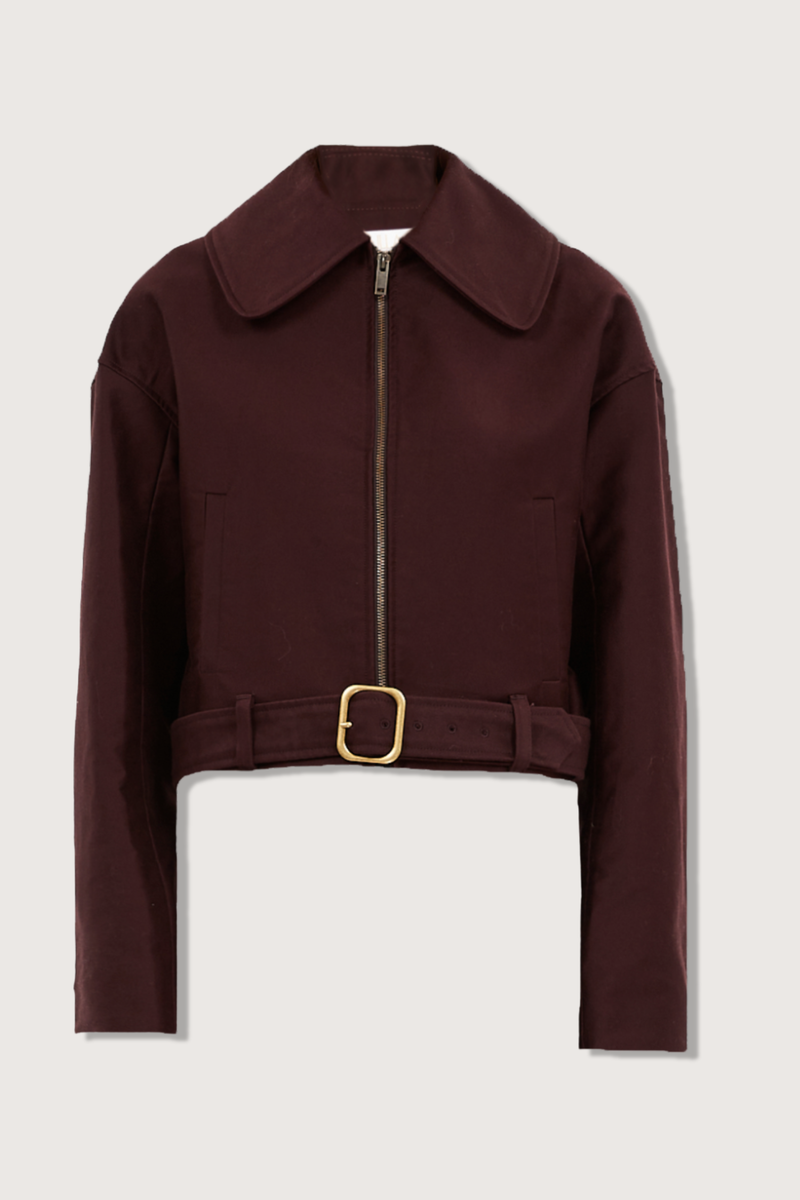 flat lay Signal Cropped Belted Jacket claret burgundy
Waist belt.
Cotton trench
 boxy fit
Front pockets