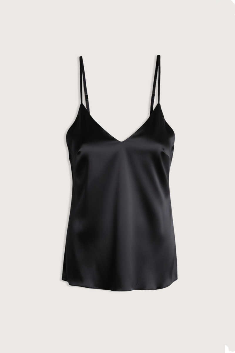 flat lay Silk Cami Top Black Classic Cami
Side bust darts
V-neckline
Thin, adjustable strap
100% Silk