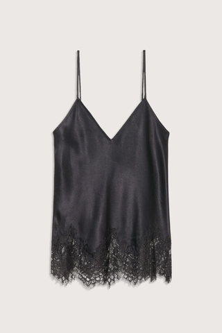 flat lay Silk Charmeuse Lace Hem black Lace cami top
V-neckline
Adjustable slider straps
Delicate lace detailing
100% Silk