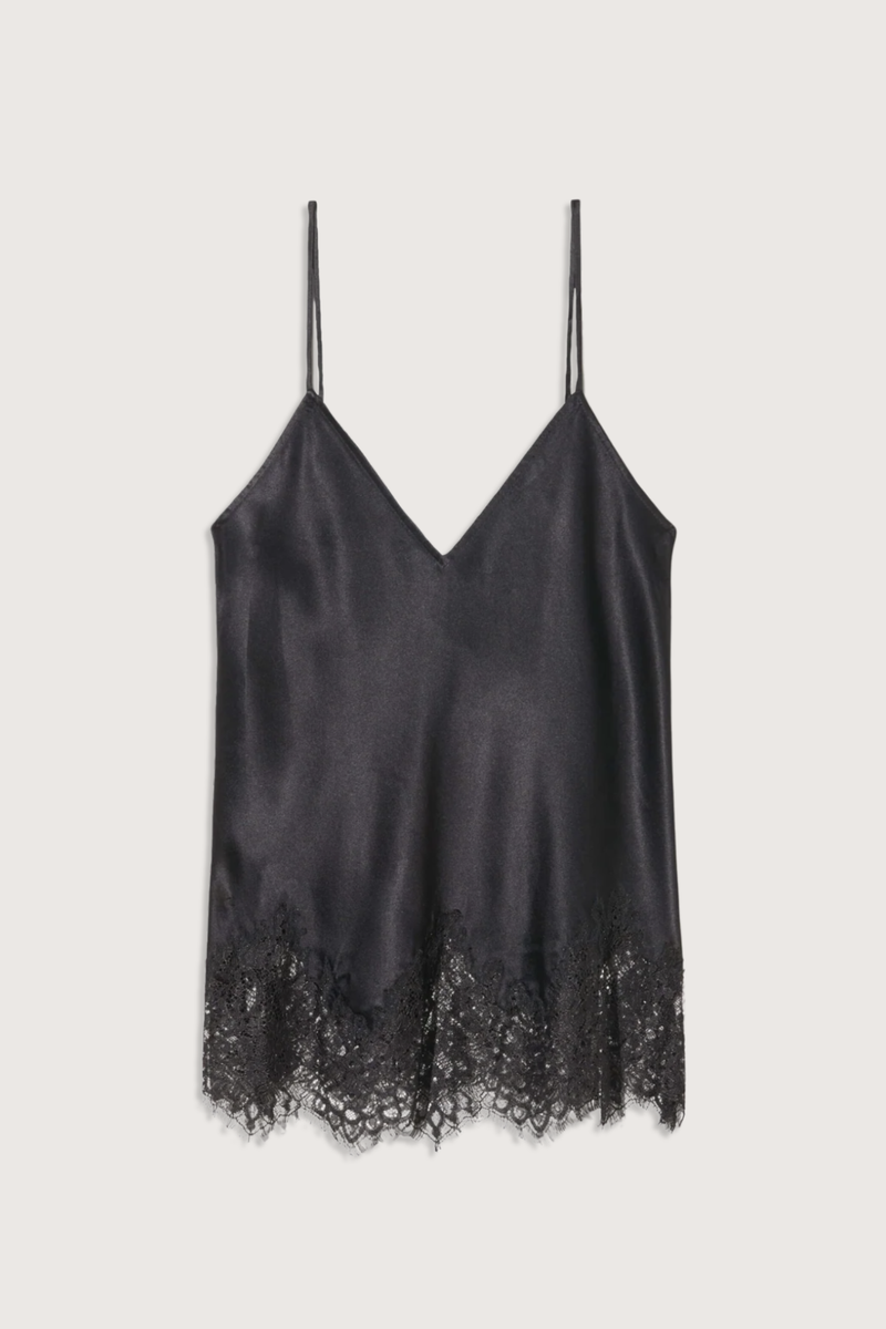 flat lay Silk Charmeuse Lace Hem black Lace cami top
V-neckline
Adjustable slider straps
Delicate lace detailing
100% Silk