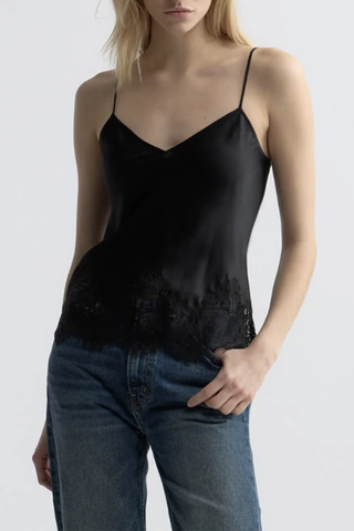 front profile model wearing Silk Charmeuse Lace Hem black Lace cami top
V-neckline
Adjustable slider straps
Delicate lace detailing
100% Silk