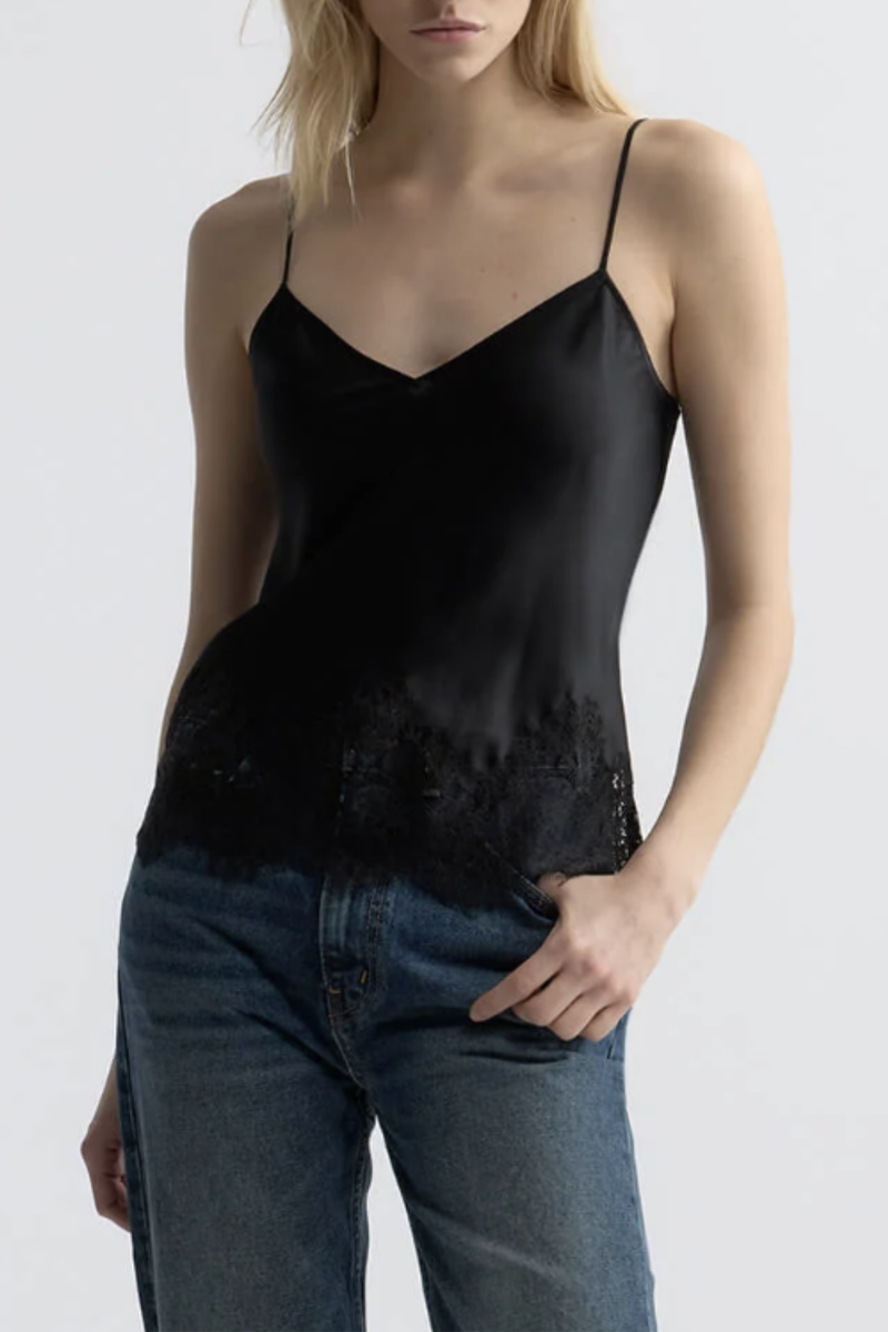 front profile model wearing Silk Charmeuse Lace Hem black Lace cami top
V-neckline
Adjustable slider straps
Delicate lace detailing
100% Silk