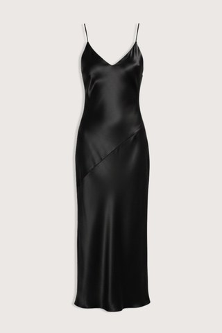 flat lay Silk Slip Dress Side Buttons Black Slip dress
Diagonal cut
Thin straps
