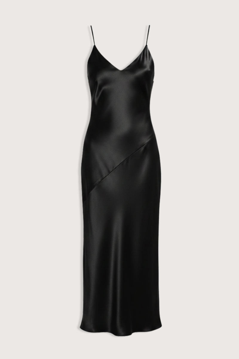 flat lay Silk Slip Dress Side Buttons Black Slip dress
Diagonal cut
Thin straps
