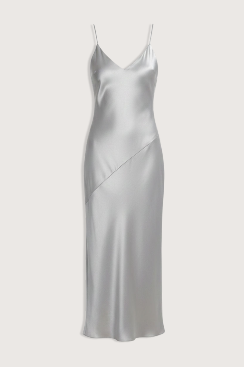 flat lay Silk Slip Dress Side Buttons Silver Slip dress
Diagonal cut
Thin straps