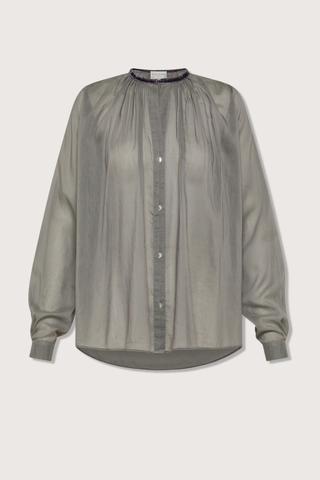 flat lay Silk/Voile Bohemian Shirt Stone grey velvet neckline collarless design. 