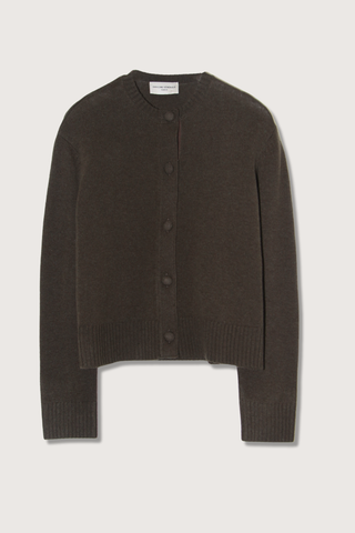 flat lay Sirine Crewneck Wool/Cash Cardigan olive Knitted turtle neck jumper. Three quarter sleeves. Straight body fit, wide sleeves fit. Jersey stitch on body and sleeves.