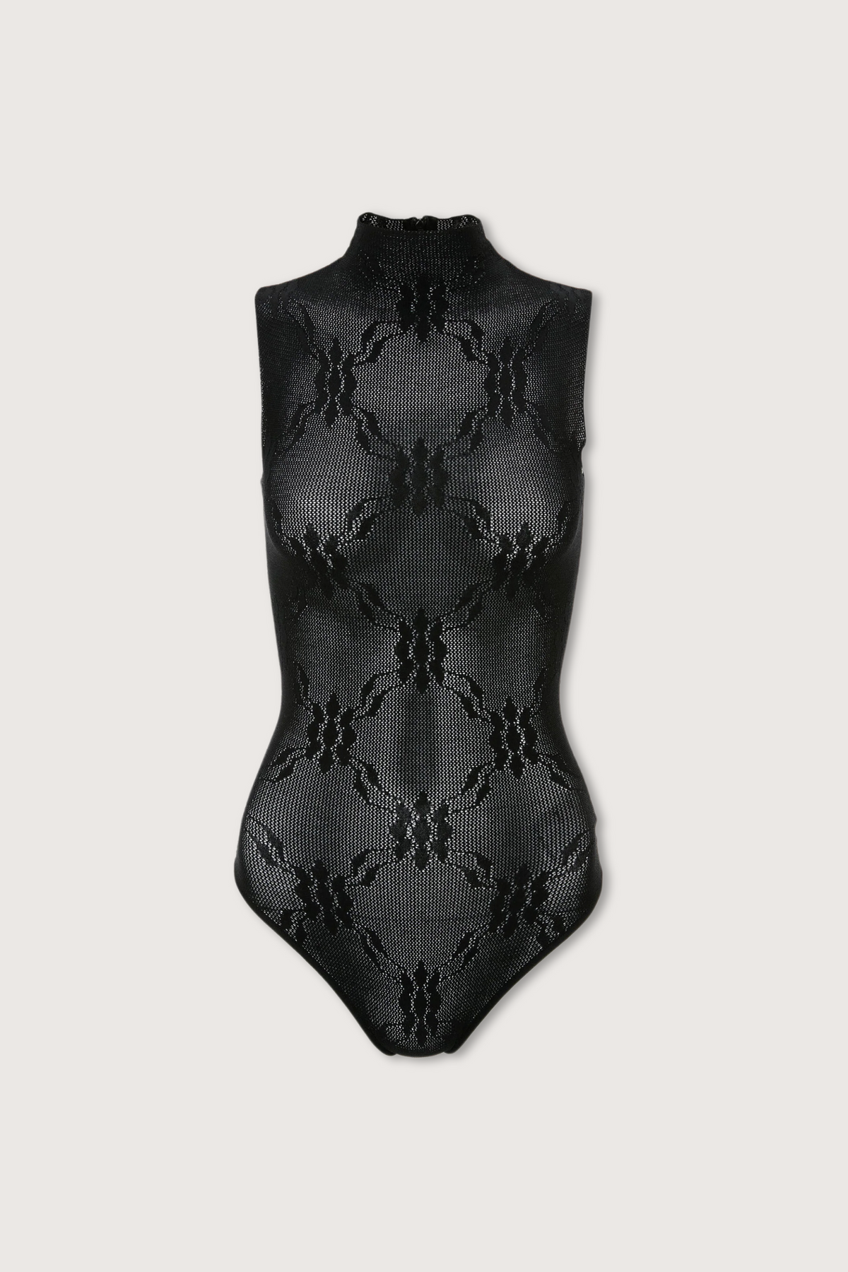 flat lay Sleeveless High Neck lace pointelle Bodysuit Black