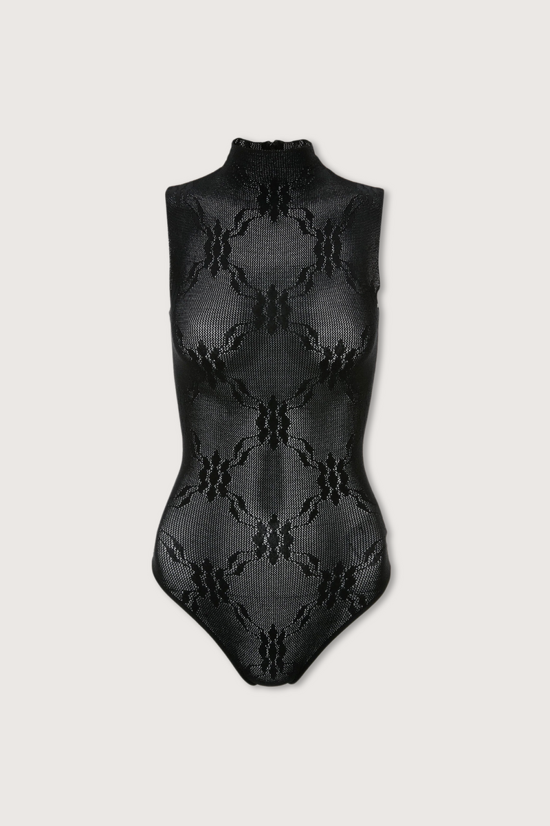 flat lay Sleeveless High Neck lace pointelle Bodysuit Black