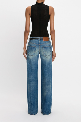 back profile model wearing  Sleeveless High Neck lace pointelle Bodysuit Black