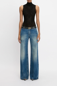 front profile model wearing  Sleeveless High Neck lace pointelle Bodysuit Black