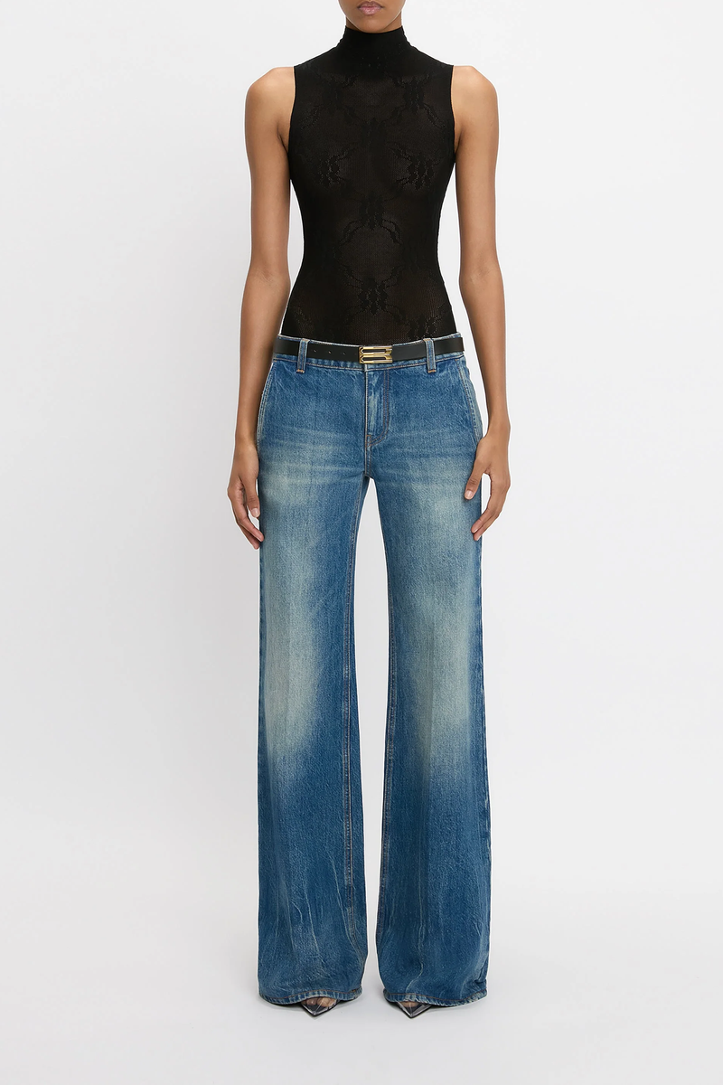 front profile model wearing  Sleeveless High Neck lace pointelle Bodysuit Black