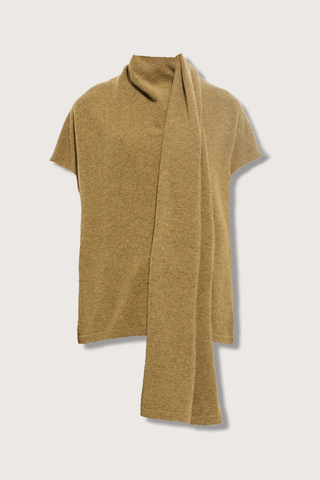 flat lay Sleeveless Wrap Top With Scarf wool cashmere olive Built-in scarf that drapes and wraps effortlessly around the neckline, Soft shoulder line