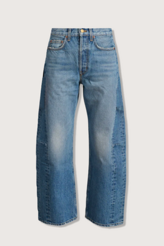 flat lay Slim Lasso Jane Jean mid blue wash high rise relaxed fit cropped inseam barrel leg