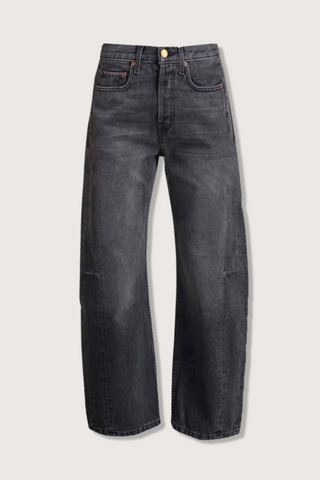 flat lay Slim Lasso Still Black Jean relaxed mid waist barrel fit faded black with pieced outseam