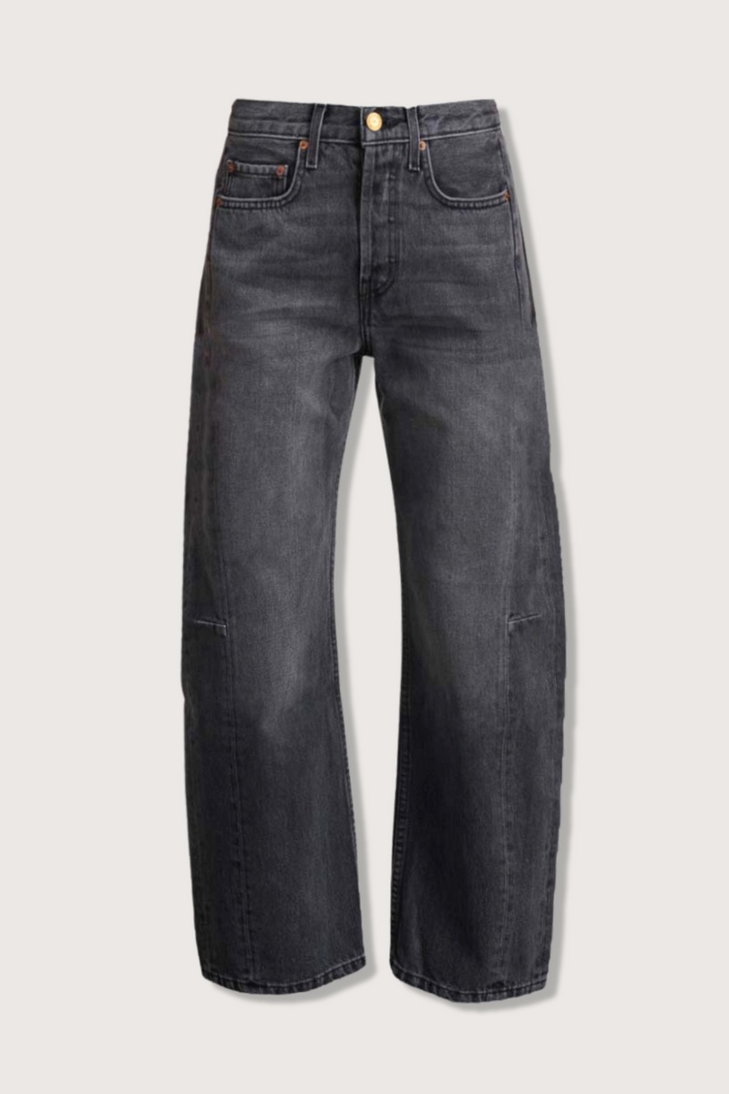 flat lay Slim Lasso Still Black Jean relaxed mid waist barrel fit faded black with pieced outseam