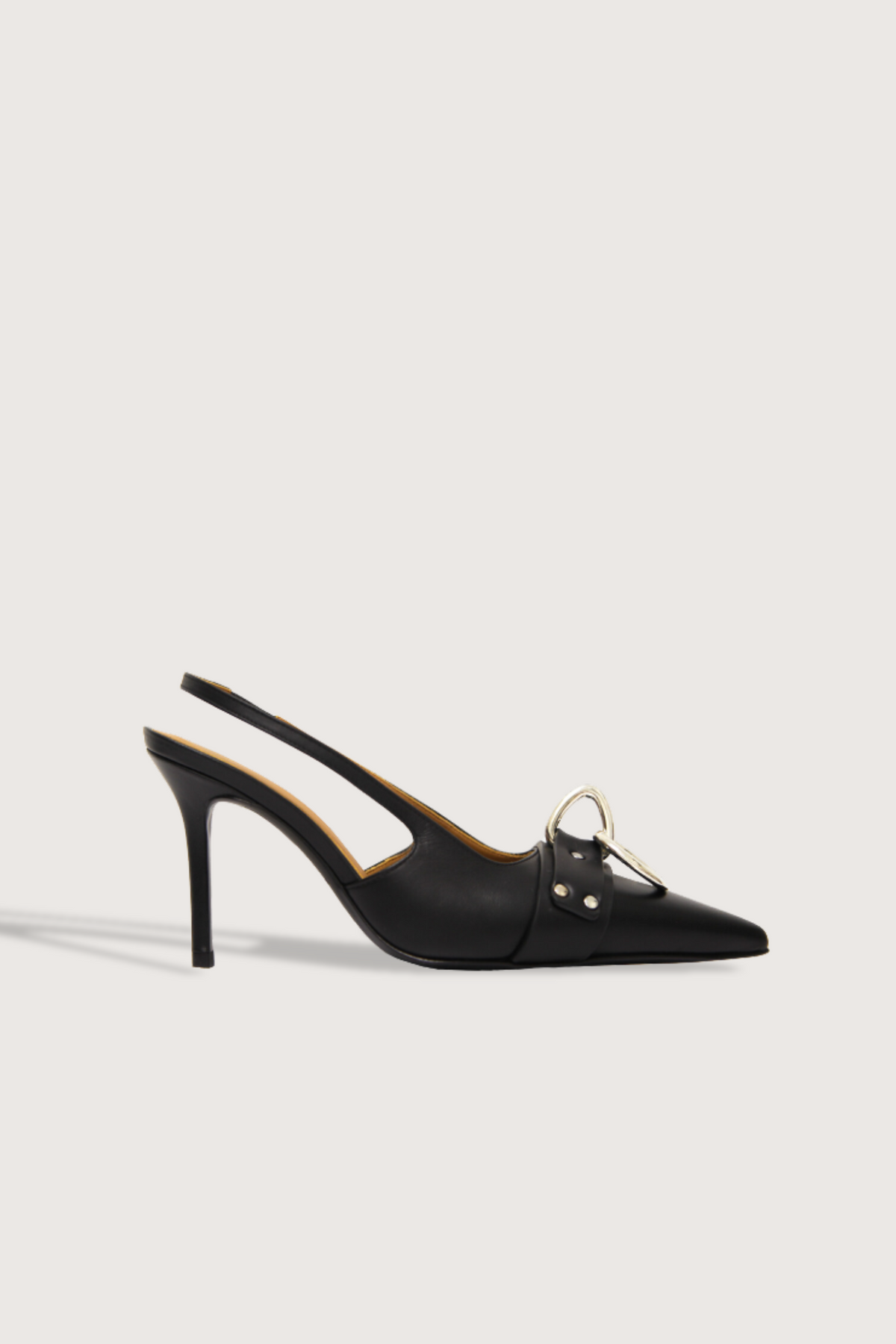 side profile Sling Back leather point Heel black With silver Ring harness 
