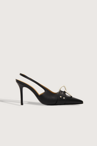 side profile Sling Back leather point Heel black With silver Ring harness 