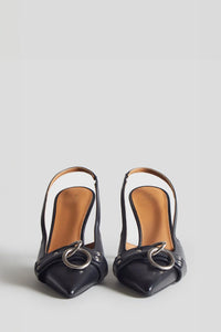 front profile of Sling Back leather point Heel black With silver Ring harness 