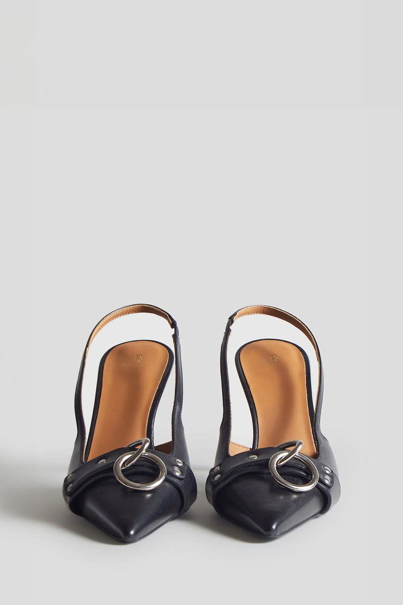 front profile of Sling Back leather point Heel black With silver Ring harness 