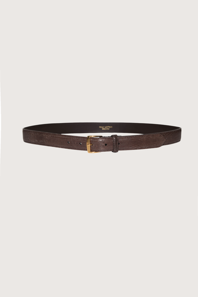 flat lay Sloane Lizard Belt brown Lizard effect
Custom gold gold hardware finish
Classic buckle
Leather keep