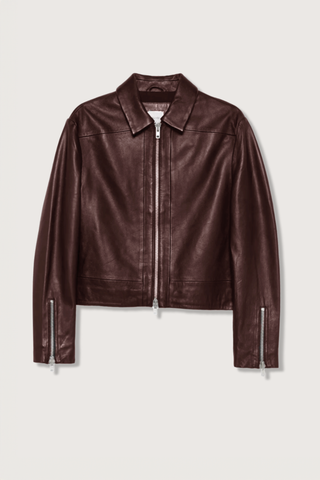 flat lay Soft Leather Bomber Jacket burgundy zip front and zip cuffs classic cut