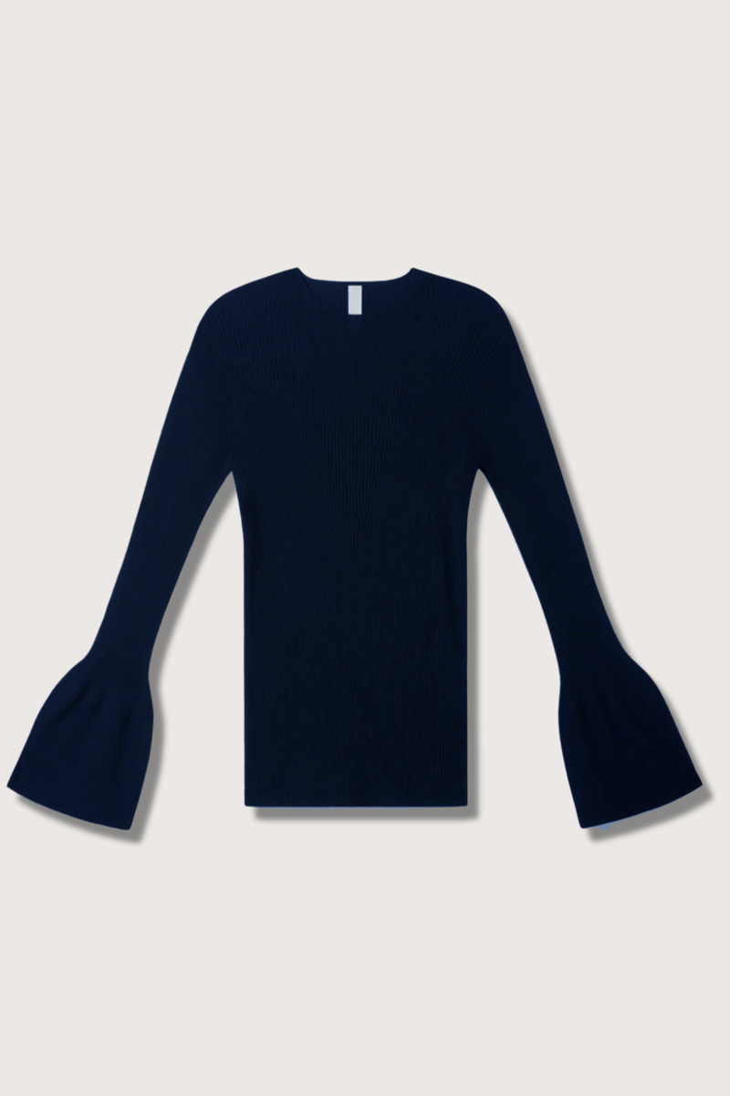 flat lay Soft Portrait Bell Sleeve Top Dark Navy rib knit structure