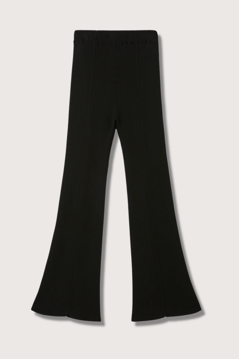flat lay Soft Portrait Knit Pant black ribbed elastic waist band flared