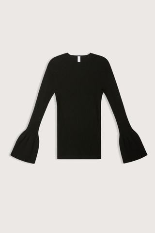 flat lay Soft Portrait Long Sleeve Top black Rib knit structure made by cupro material
Form-fitting
Flared sleeve ends
Seamless
70% Cupro, 30% Polyester