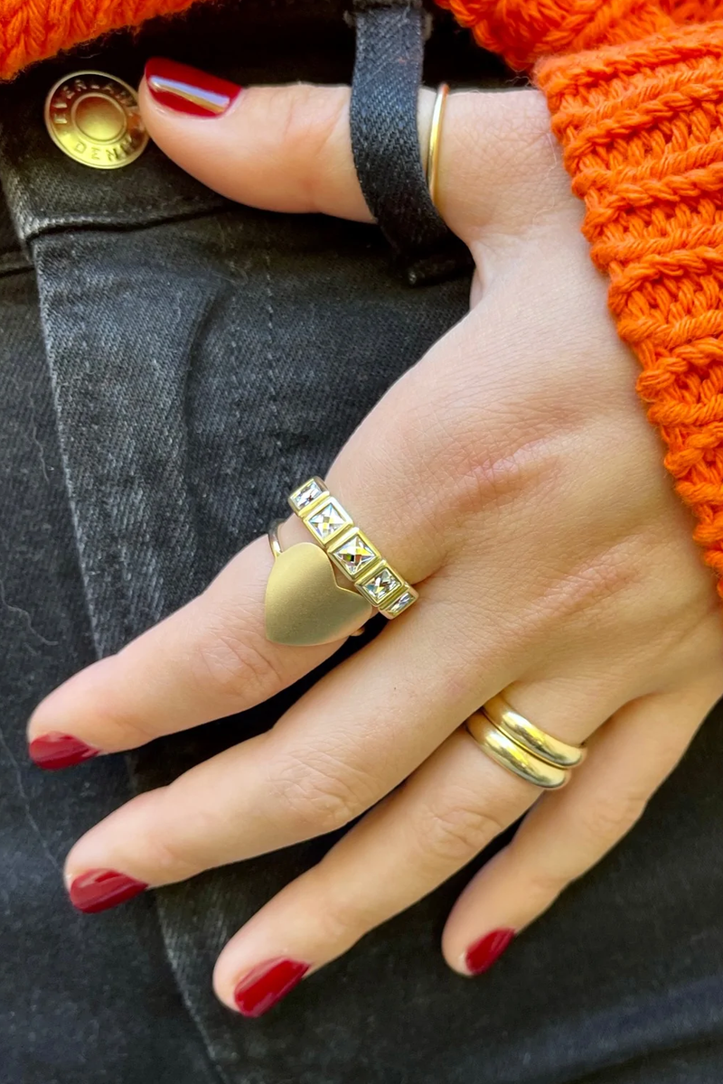 model wearing Solid Gold WIDE Layering Ring 14k gold