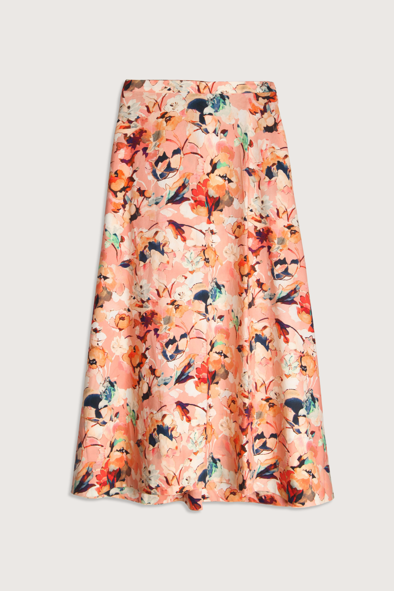 flat lay Sophea Printed Skirt camelia Multicolor floral print watercolor effect
Sits at the waist
Gracefully unfurls to a high-low hemline
Cotton poplin
Midi length, fixed mid-rise waist
Side pockets
Concealed side zipper
Composition: 100% cotton
