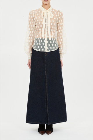 front profile model wearing Soraya Lace Neck Tie Pearl white Dotted cotton-blend lace removable necktie