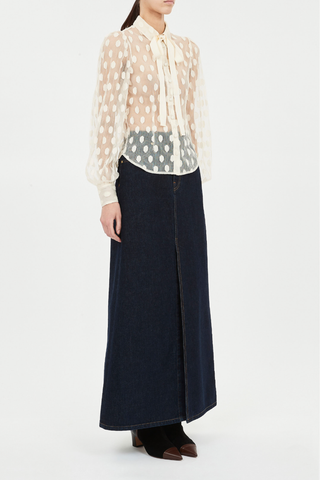 side profile model wearing Soraya Lace Neck Tie Pearl white Dotted cotton-blend lace removable necktie