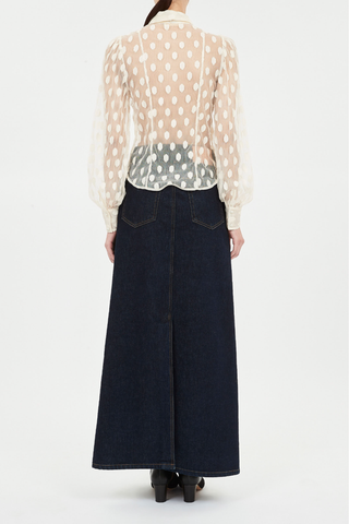 back profile model wearing Soraya Lace Neck Tie Pearl white Dotted cotton-blend lace removable necktie