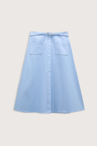 flat lay Sporty Chic Cotton Skirt mineral blue 100 % Cotton
Cotton skirt
Belted waist
Center front slit
Faux front button placket
Patch pockets
In-seam side zip closure
Unlined