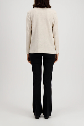 back profile model wearing Stand Collar Blazer Cream Boyfriend blazer
Unlined
Knitted hopsack
Loro Piana fabric
Stand-up collar blazer
Boxy shape
Fitted long sleeve
Patch pockets
2-button fastening plus 1 collar button for full closure