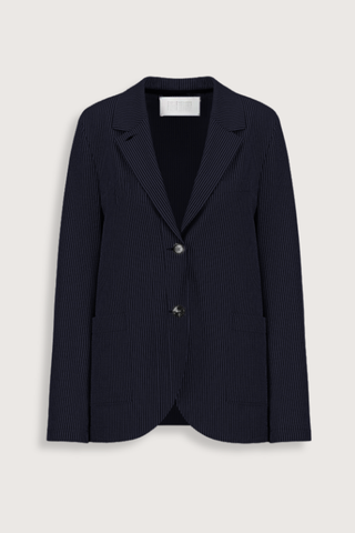 flat lay Stand Collar Blazer Dark Blue Boyfriend blazer
Unlined in knitted coolmax seersucker
Stand-up collar blazer
Boxy shape
Fitted long sleeve
Patch pockets
2-button fastening
1 collar button for full closure
Raw-edge finish
Made in Italy with Japanese fabric
Seersucker Blazer
65% Cotton, 35% Polyester