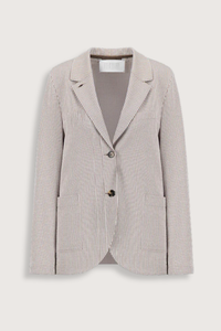 flat lay Stand Collar Blazer Tobacco/White Boyfriend blazer
Unlined in knitted coolmax seersucker
Stand-up collar blazer
Boxy shape
Fitted long sleeve
Patch pockets
2-button fastening
1 collar button for full closure
Raw-edge finish
Made in Italy with Japanese fabric
Seersucker Blazer
65% Cotton, 35% Polyester
