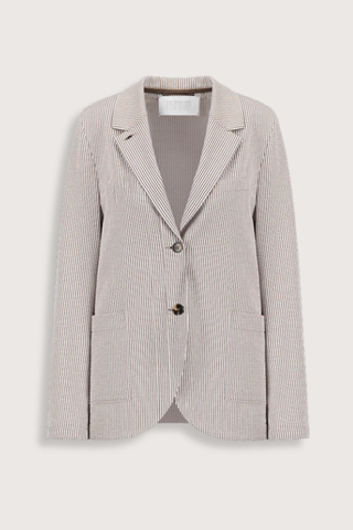 flat lay Stand Collar Blazer Tobacco/White Boyfriend blazer
Unlined in knitted coolmax seersucker
Stand-up collar blazer
Boxy shape
Fitted long sleeve
Patch pockets
2-button fastening
1 collar button for full closure
Raw-edge finish
Made in Italy with Japanese fabric
Seersucker Blazer
65% Cotton, 35% Polyester