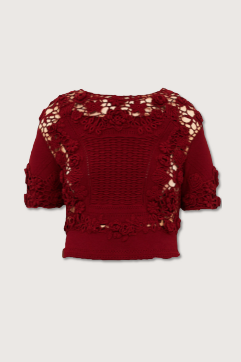 flat lay Stella Short Sleeve Floral Crochet Knot Knit Top begonia red